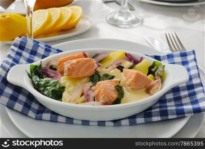 Baked salmon with potatoes and spinach cream sauce