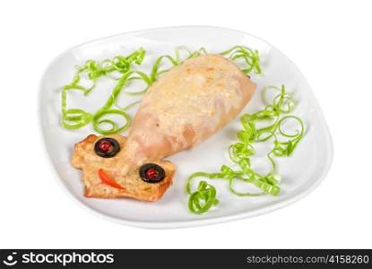 Baked squid at plate isolated on a white background