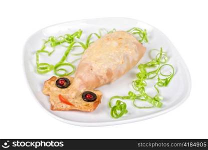 Baked squid at plate isolated on a white background