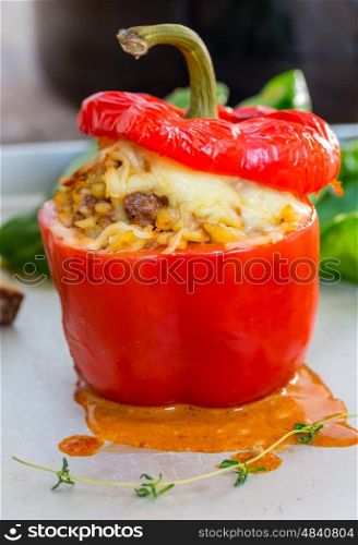 Baked stuffed peppers with meat sauce and cheese. Baked stuffed peppers with meat sauce and cheese.