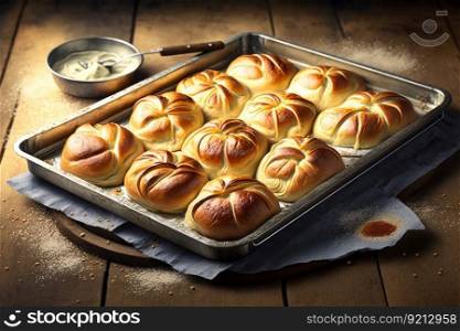 baked sweet buns on baking tray for breakfast, created with generative ai. baked sweet buns on baking tray for breakfast