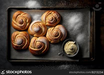 baked sweet buns on baking tray for breakfast, created with generative ai. baked sweet buns on baking tray for breakfast