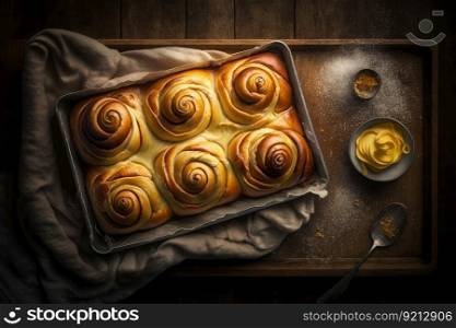 baked sweet buns on baking tray for delicious homemade dessert, created with generative ai. baked sweet buns on baking tray for delicious homemade dessert
