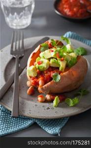 baked sweet potatoes with avocado chili salsa and beans