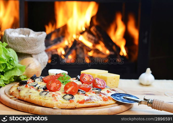 baked tasty pizza near wood oven