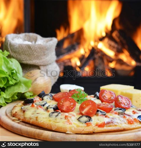 baked tasty pizza near wood oven