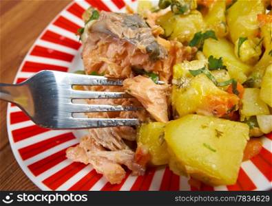 Baked trout with potatoes .farmhouse kitchen
