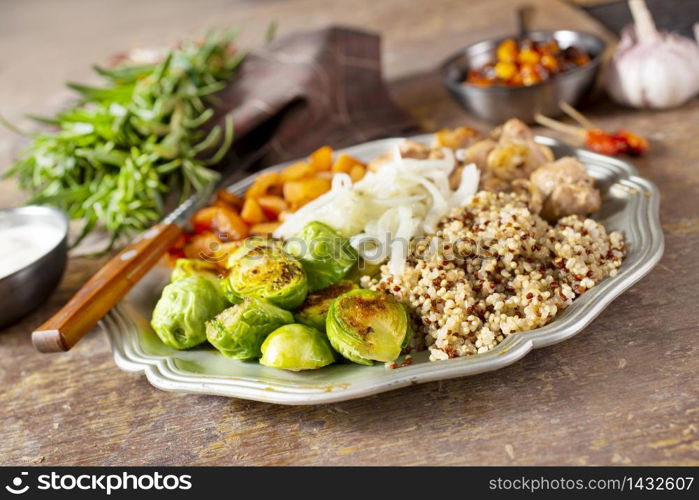 baked vegetables with baked chicken fillet