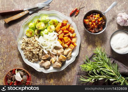 baked vegetables with baked chicken fillet