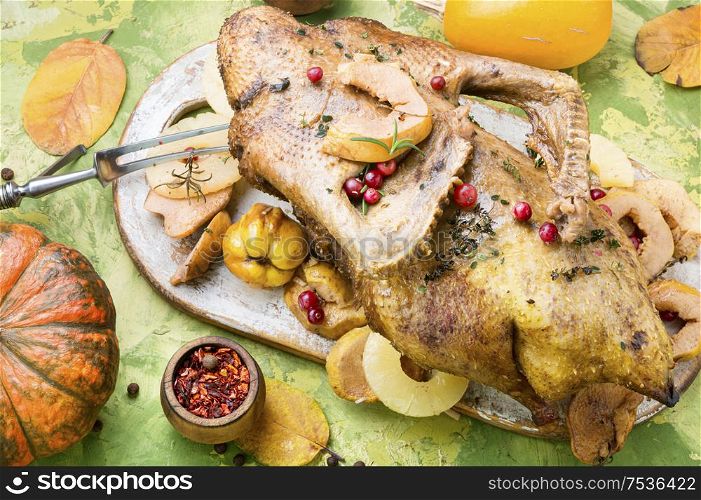 Baked whole duck with pineapple and quince. Festive baked duck