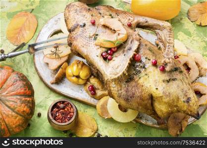 Baked whole duck with pineapple and quince. Festive baked duck