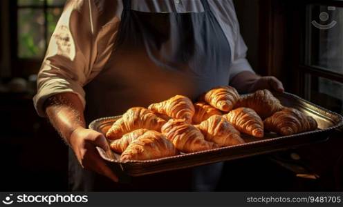 Baker holding a tray full of fresh croissants.