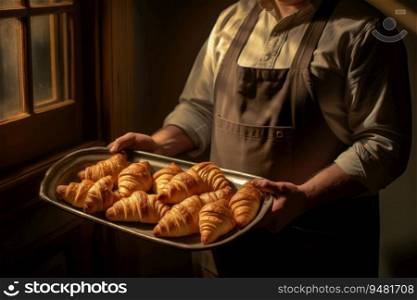 Baker holding a tray full of fresh croissants.