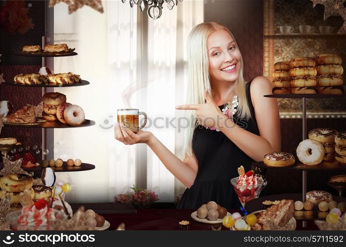 Bakery. Happy Saleswoman with Cup of Coffee in Bakeshop