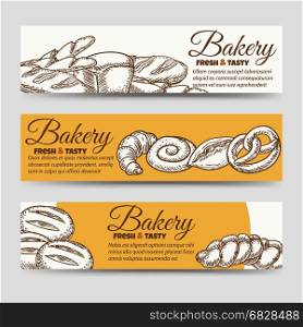 Bakery horizontal banners template. Bakery horizontal banners template. Vector banners with bun, croissant, bread etc