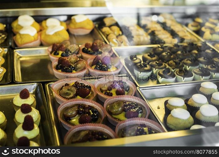 Bakery in Italy. Close up sweets
