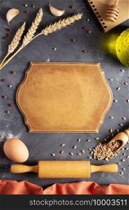 Bakery ingredients for homemade bread baking on table. Food recipe top view at stone background texture with copy space. Flat lay top view