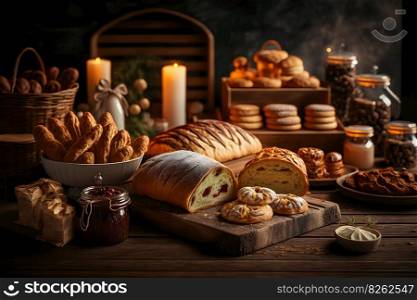 Bakery product assortment with bread loaves, buns, rolls and Danish pastries. Neural network AI generated art. Bakery product assortment with bread loaves, buns, rolls and Danish pastries. Neural network AI generated