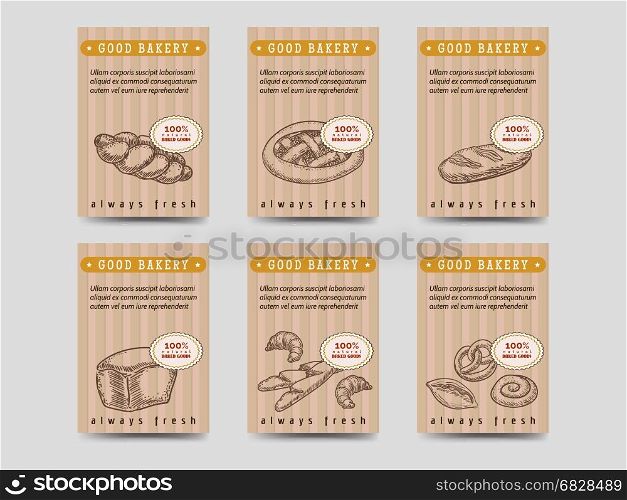 Bakery products cards with bread. Bakery products brochure flyer template design. Vector cards with bread and buns