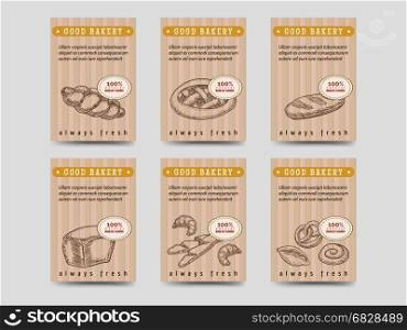 Bakery products cards with bread. Bakery products brochure flyer template design. Vector cards with bread and buns