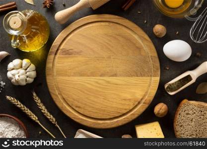 bakery products on black background texture