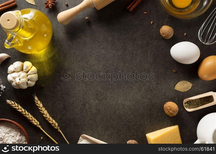 bakery products on black background texture