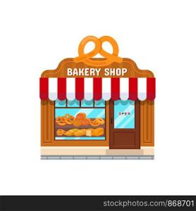 Bakery shop in flat style isolated on white background. Facade of bakery shop.