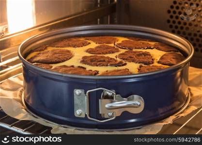 Baking dish with Russian plucking cakes in the stove. Baking dish with Russian plucking cakes in the stove.