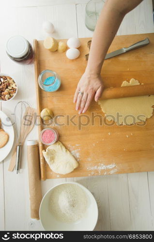 Baking ingredient on wooden table wooden making dough for cookies