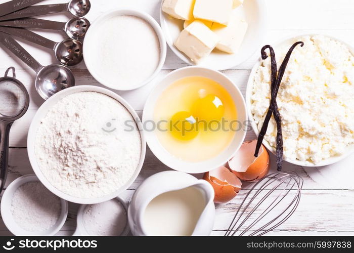 Baking ingredients for cottage cake on the table. The Baking ingredients