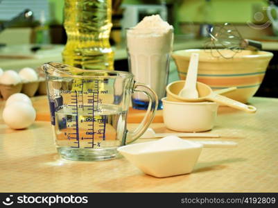 baking ingredients in a kitchen, close up shot