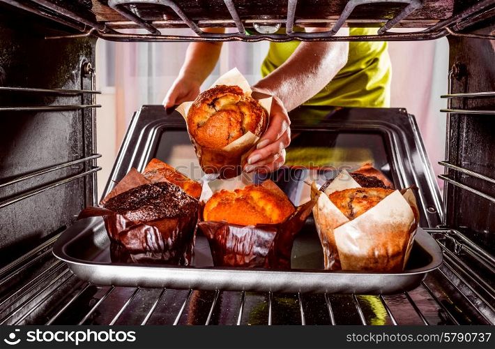 Baking muffins in the oven, view from the inside of the oven. Cooking in the oven.