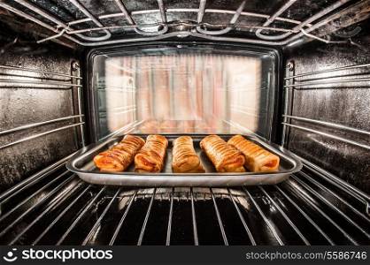 Baking pastry in the oven, view from the inside of the oven. Cooking in the oven.