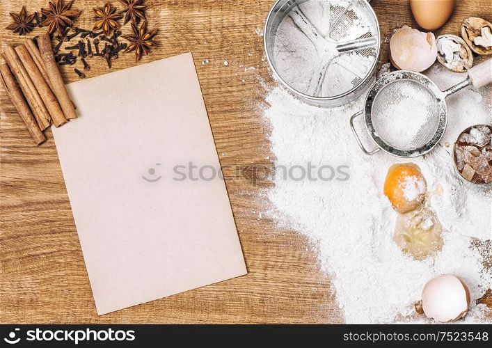 Baking tools and ingredients. Dough preparation. Food background
