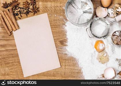 Baking tools and ingredients. Dough preparation. Food background