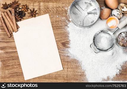 Baking tools and ingredients. Dough preparation. Food background. Recipe book concept