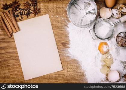 Baking tools and ingredients. Food background. Vintage style toned picture