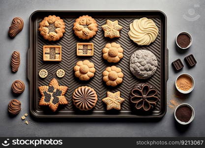 baking tray with cookies and pastries on light background, created with generative ai. baking tray with cookies and pastries on light background