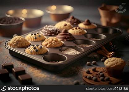baking tray with delicious biscuits and muffins on blurred background, created with generative ai. baking tray with delicious biscuits and muffins on blurred background