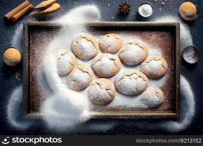 baking tray with delicious cookies sprinkled with powdered sugar, created with generative ai. baking tray with delicious cookies sprinkled with powdered sugar