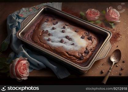 baking tray with fragrant homemade cake for breakfast, created with generative ai. baking tray with fragrant homemade cake for breakfast
