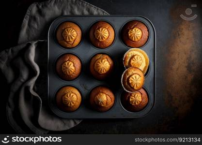 baking tray with golden brown skin baked muffins, created with generative ai. baking tray with golden brown skin baked muffins