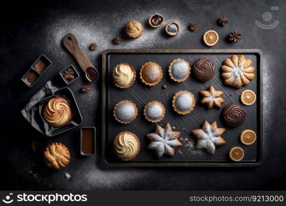 baking tray with pastries baked on dark background shutterstock_32676887, created with generative ai. baking tray with pastries baked on dark background shutterstock_32676887