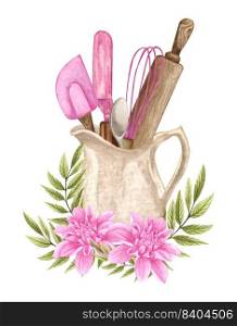 Baking watercolor illustration with kitchen utensils in a clay jag, polling pin, whisk, spoon with pink flowers. Hand drawn Cooking. Baking logo. Baking watercolor illustration with kitchen utensils in a clay jag, polling pin, whisk, spoon with pink flowers. Hand drawn Cooking clipart. Baking logo