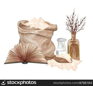 Baking watercolor illustration with kitchen utensils, milk, open book, flour, whead and a vase on white background. Hand drawn Cooking clip art. Baking concept.