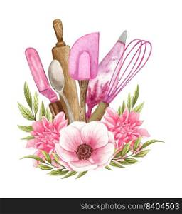 Baking watercolor illustration with kitchen utensils , polling pin, whisk, spoon with pink flowers. Hand drawn Cooking. Baking logo. Baking watercolor illustration with kitchen utensils in a clay jag, polling pin, whisk, spoon with pink flowers. Hand drawn Cooking clipart. Baking logo