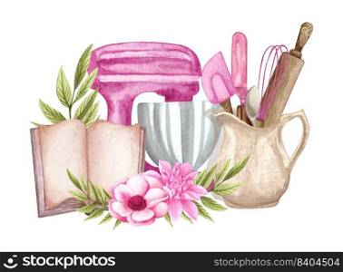 Baking watercolor set with kitchen utensils, mixer, flour, chocolate, potholders, spoon, eggs, clay jag, whisk on white background. Cooking clipart. Baking. Baking watercolor set with kitchen utensils, mixer, chocolate, potholders, spoon, clay jag, whisk on white background. Cooking clipart. Baking illustration