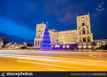 Baku - JANUARY 3, 2014: Government House on January 3 in Azerbaijan, Baku. Christmas Tree in front of the Government House
