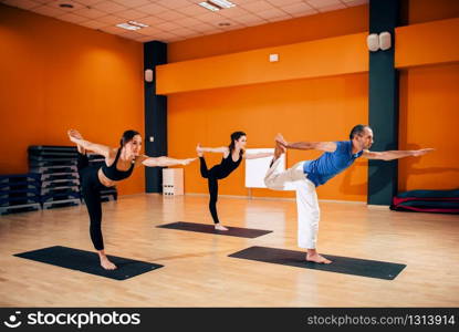 Balance exercise, female yoga group in action, training with instructor, workout in gym. Yogi indoor