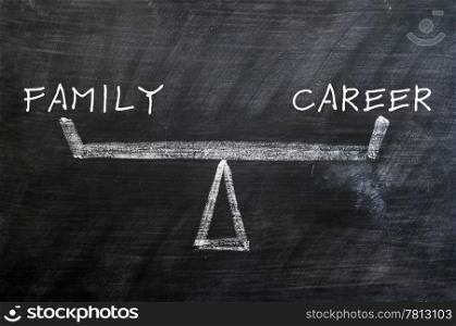 Balance of family and career - concept drawn with chalk on a smudged blackboard